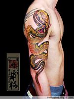 日本纹身师手臂彩色蛇纹身作品