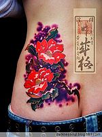 日本黄炎美女腰部彩色花卉纹身作品