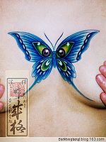 日本纹身师美女胸部彩色蝴蝶纹身作品