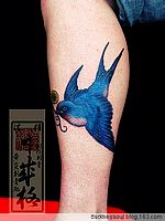 腿部彩色燕子纹身图案—日本纹身师黄炎作品