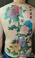 一款满背工笔画牡丹纹身图案