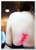 美女背部彩色小金鱼纹身图案