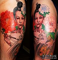 腿部美女鲤鱼牡丹花纹身