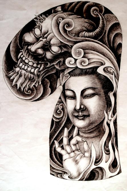 半胛牛魔王观音纹身图案