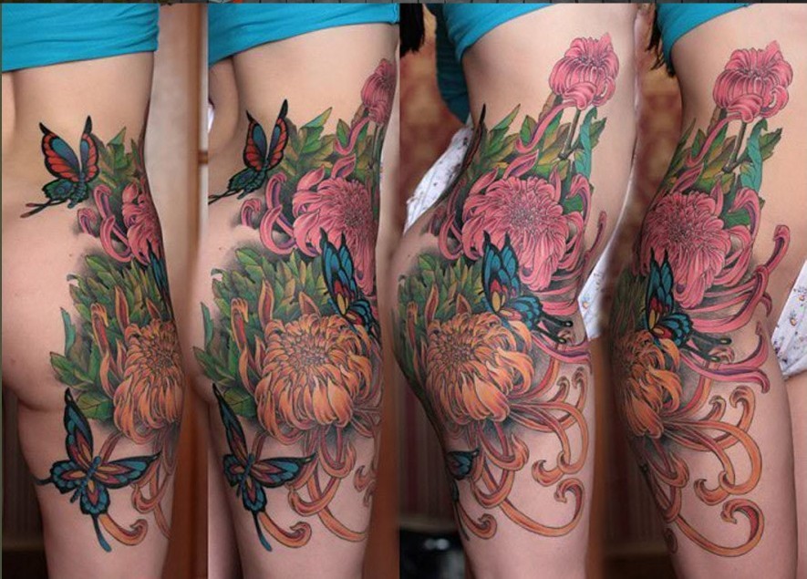 美女侧腰菊花蝴蝶纹身图案