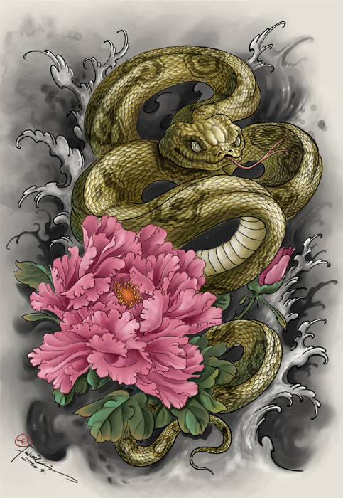 经典蛇牡丹纹身图案