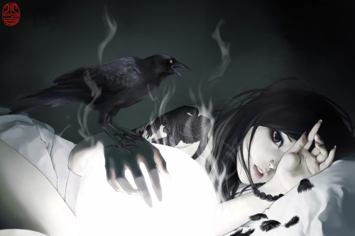 经典美女乌鸦纹身图案