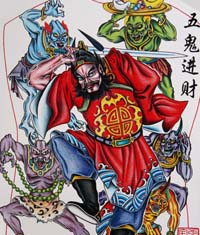 男人纹身图案大全：满背钟馗五鬼进财纹身图案图片