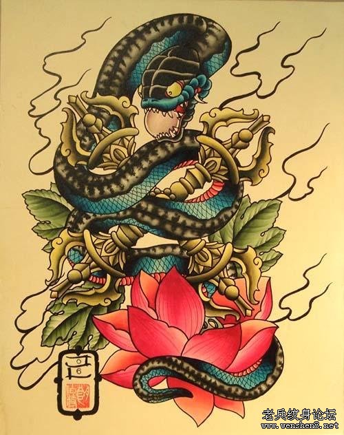 纹身图案大全：男人纹身图案大全之超酷超赞的蛇金刚杵莲花纹身图案大全（精品）