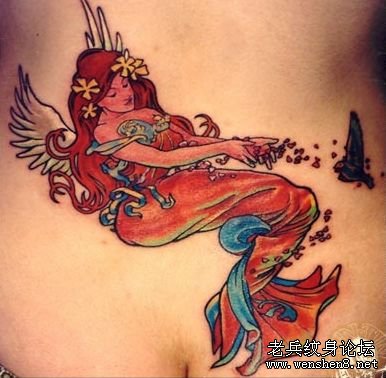女性纹身图案大全：美女腹部蝴蝶天使纹身图案图片（经典）