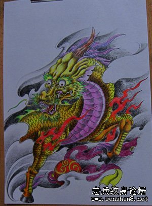 麒麟纹身图案大全：彩色麒麟纹身图案纹身图片