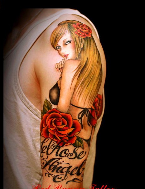 大臂美女玫瑰纹身图案图片