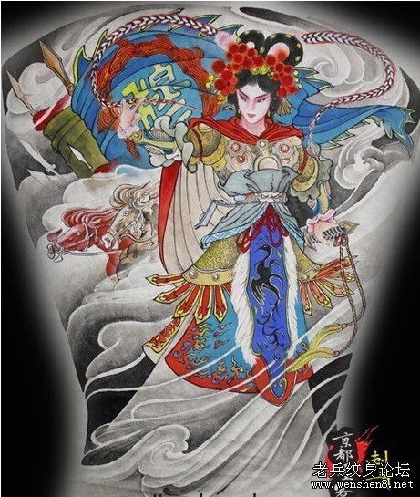 美女纹身图案大全：满背美女穆桂英纹身图案纹身图片
