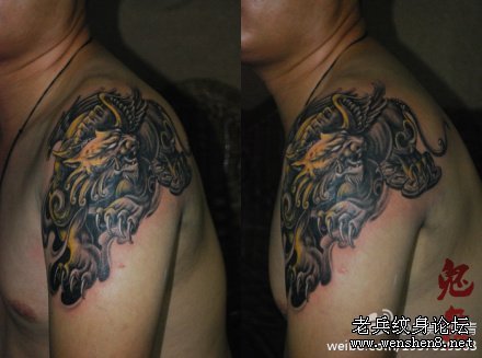 神兽貔貅纹身图案大全：肩部神兽貔貅纹身图案纹身图片
