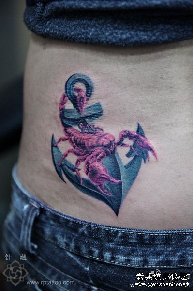 蝎子铁锚纹身图案大全：腰部彩色蝎子铁锚纹身图案纹身图片