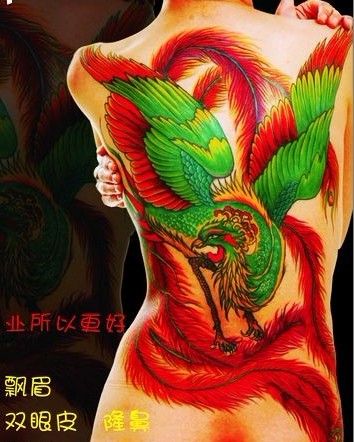 一张唯美的整背彩色凤凰纹身女图片欣赏