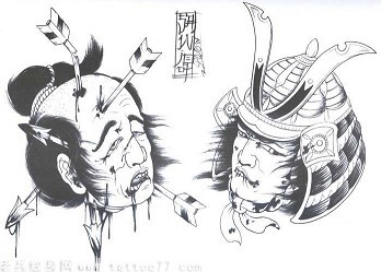 一款日本武士头颅纹身手稿