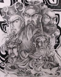 满背五虎将肖像纹身手稿