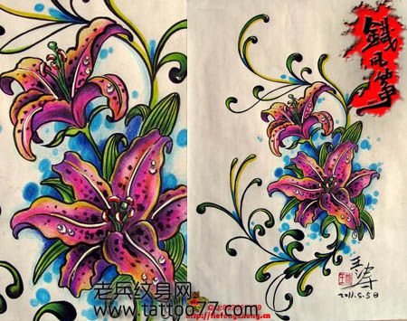 一款彩色的百合花纹身图案