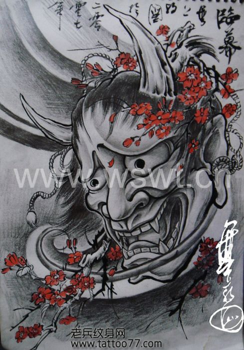 一款黑白般若樱花纹身图案