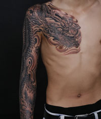 为来自辽宁鞍山的顾客打造的花臂双龙纹身图案作品