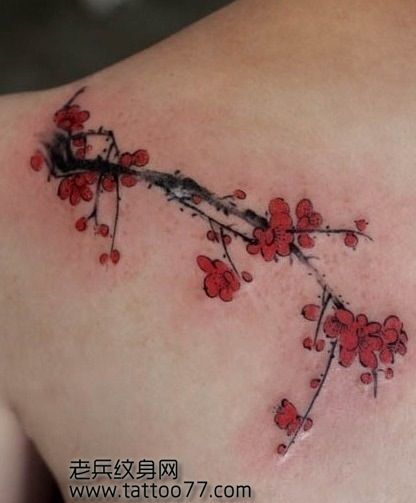 美女背部水墨画梅花纹身图案