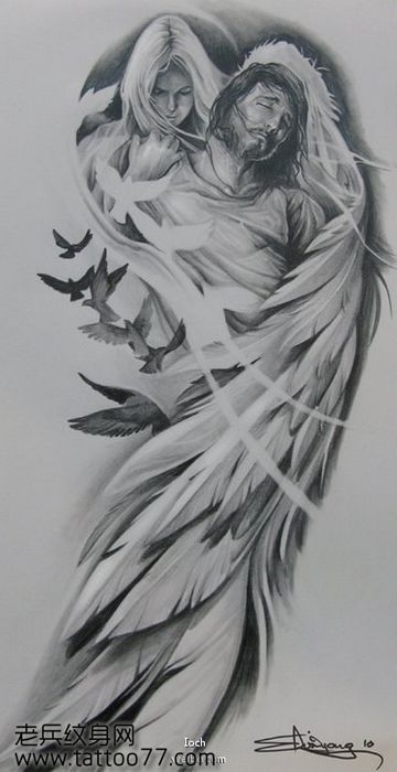 经典的天使翅膀耶稣纹身图案