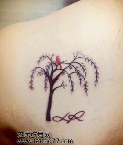 时尚的背部图腾树小鸟纹身图案