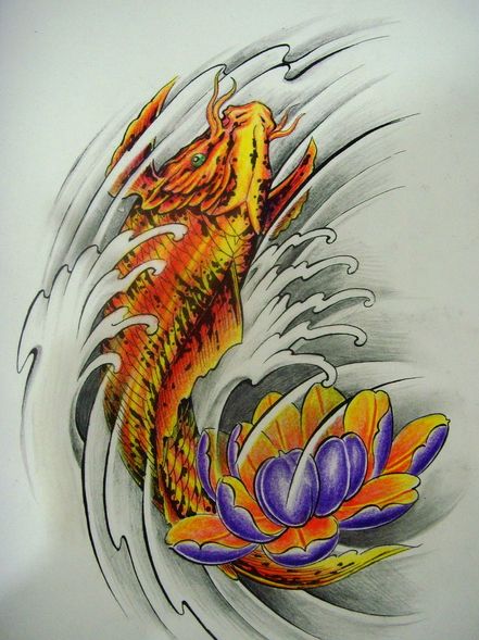 好看时尚的彩色鲤鱼莲花纹身图案