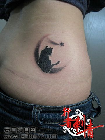 一款图腾猫咪月亮五角星纹身图案