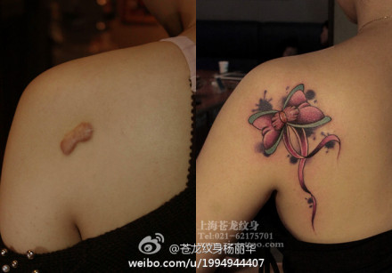 女孩子肩背时尚流行的蝴蝶结纹身图案