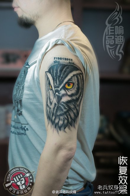 武汉纹身师喻迪一个月前打造的大臂猫头鹰纹身作品恢复后效果